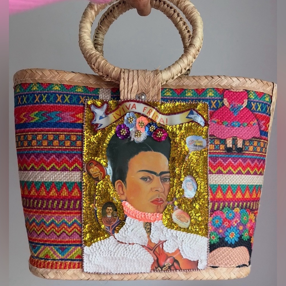 Frida Kahlo Artisanal straw woven tote bag W/ sequins Colorful 17”x11” Beach Bag